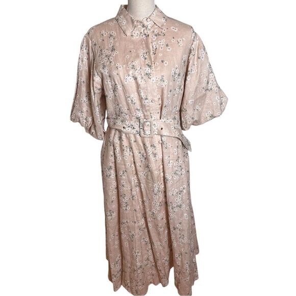 We Are Kindred Isobel Linen Button Down Belted Shirt Dress in blush floral 10 - Picture 2 of 7